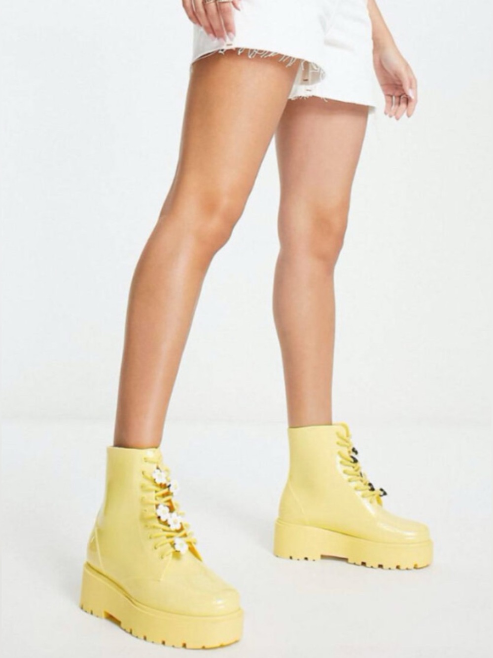 ASOS DESIGN Yellow Platform Lace-Up Ankle Boots with Flowers.